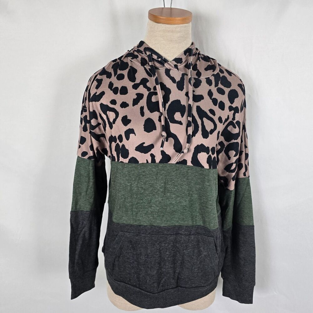 Hoodie Women's Small Army Green Tan Black Leopard Print Pockets Long Sleeve